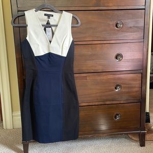Banana Republic petite collection V neck fitted dress in black white and blue.
